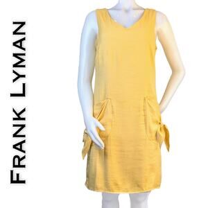 Frank Lyman Shift Dress Size 6 Yellow Sleeveless Tie Pockets Preppy Woven